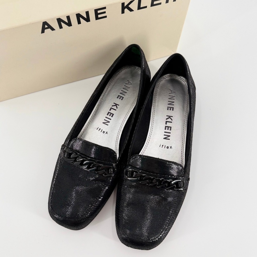 ANNE KLEIN Braxton Black Chain Loafers Womens 9M iFlex Square Toe
